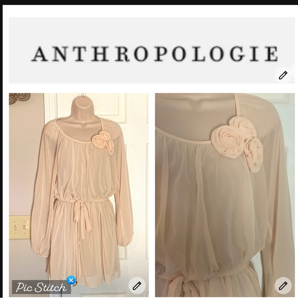 Anthropologie Alythea off white chiffon dress tie waist w rosettes